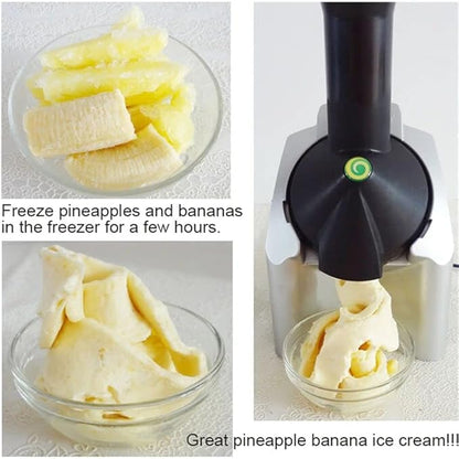 Black and gray Rabiya Mart dessert frozen ice cream treat maker showing the device and ice cream treats ready to serve.