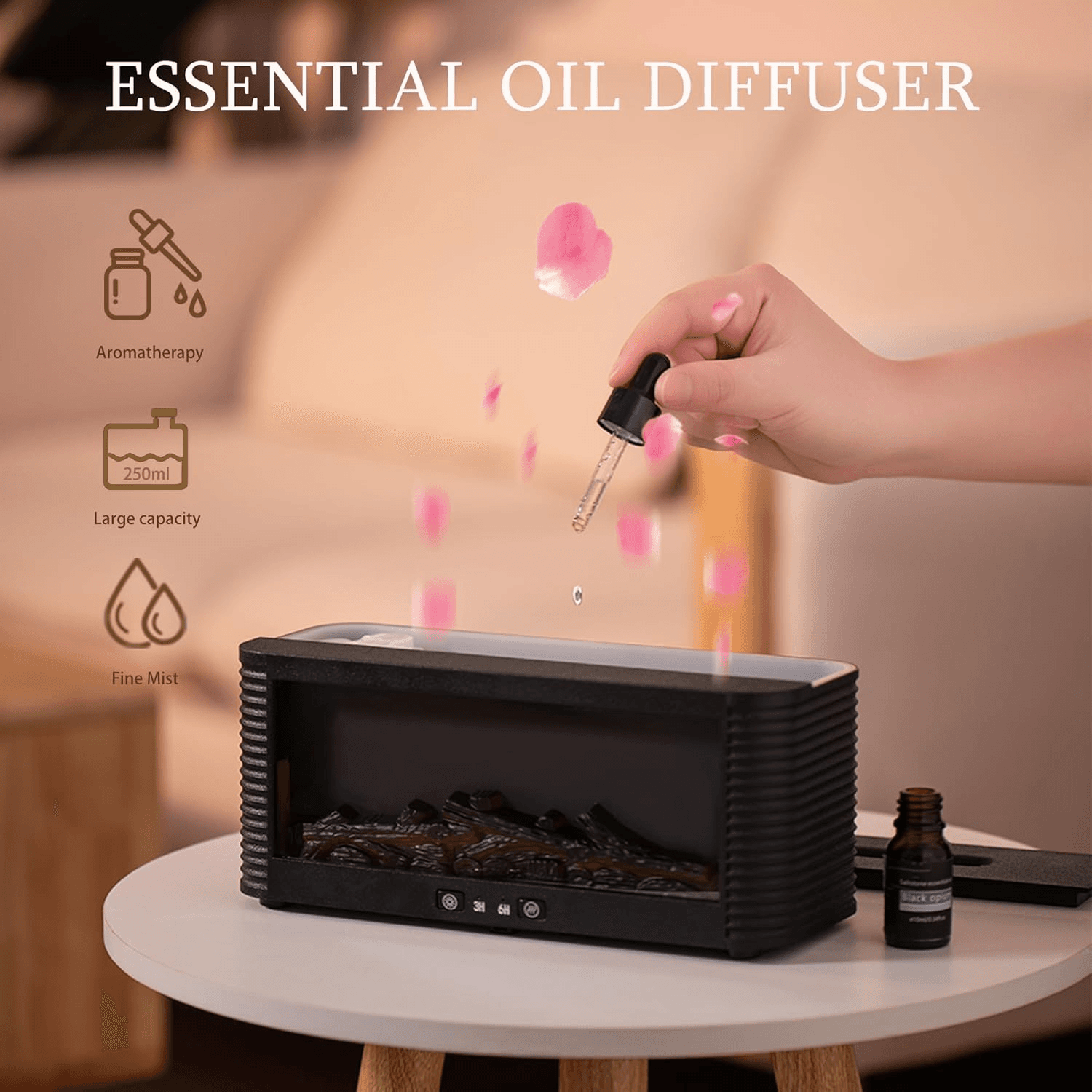 Rabiya Mart fireplace aroma essential oil diffuser with a modern design, emitting mist and warm glow for relaxing ambiance.