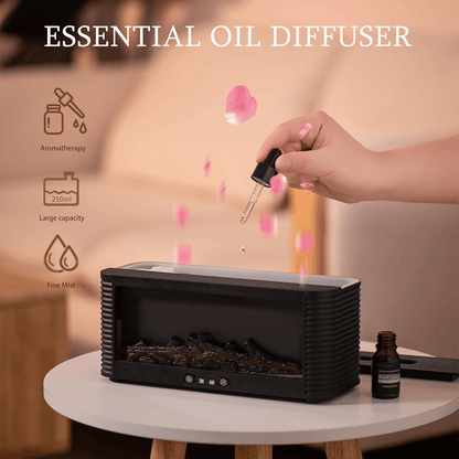 Rabiya Mart fireplace aroma essential oil diffuser with a modern design, emitting mist and warm glow for relaxing ambiance.