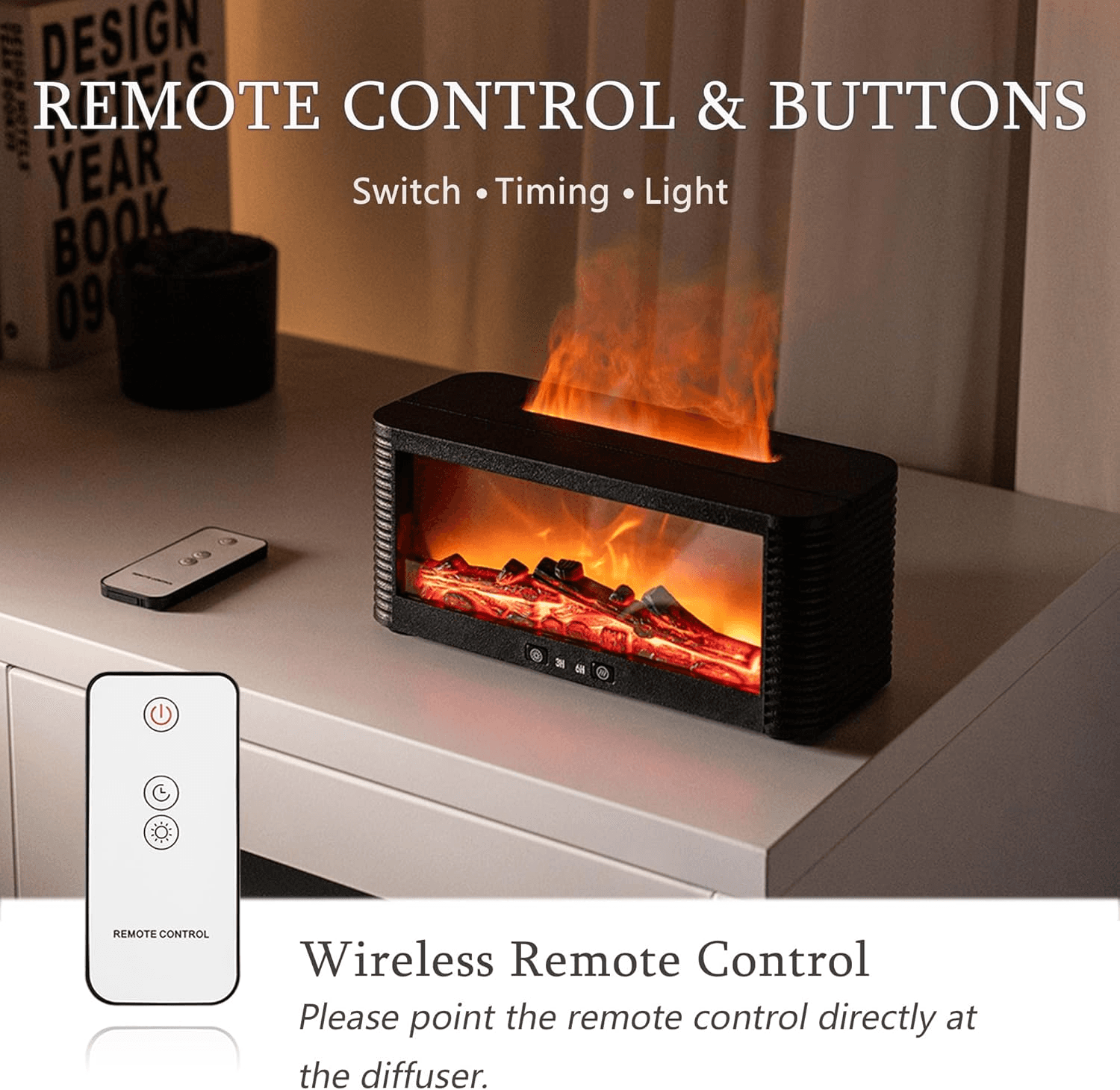 Rabiya Mart fireplace aroma essential oil diffuser with a modern design, emitting mist and gentle ambient lighting.