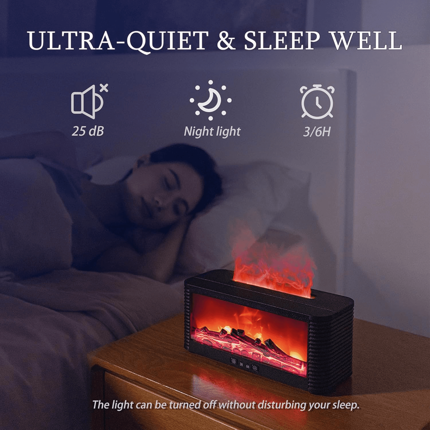 Rabiya Mart fireplace aroma essential oil diffuser with a sleek design, emitting gentle mist and warm ambient light.
