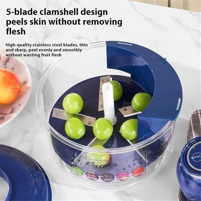 Automatic small fruit peeler machine by Rabiya Mart, showing compact design and peeled fruit ready for use.